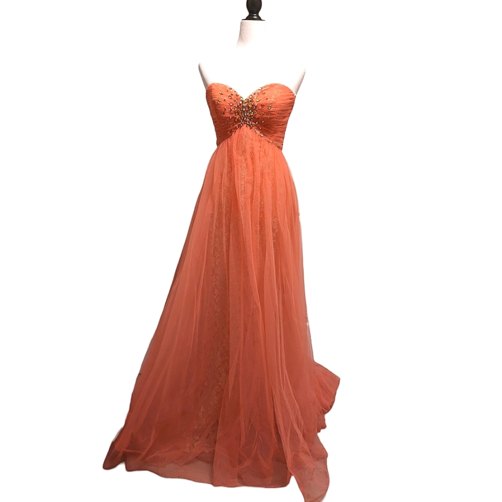 - Sherri Hill Prom/Evening dress. Sz 8. Salmon with gold lace underlay. …